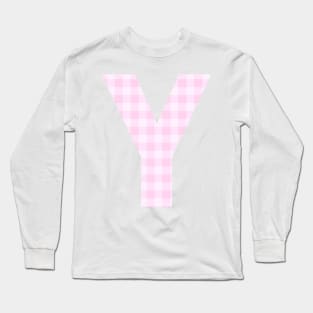 Pink Letter Y in Plaid Pattern Background. Long Sleeve T-Shirt